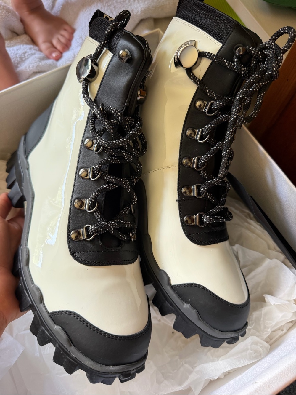 NEW Moncler Black & Cream Chunky Lug Hiking Boots